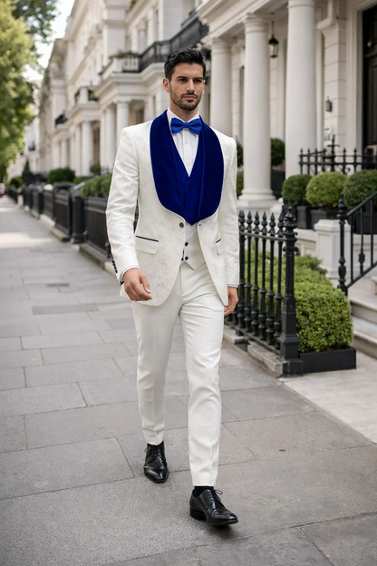 Mens Vested Designer Wide Royal Blue Velvet Shawl Tuxedo in Ivory Paisley