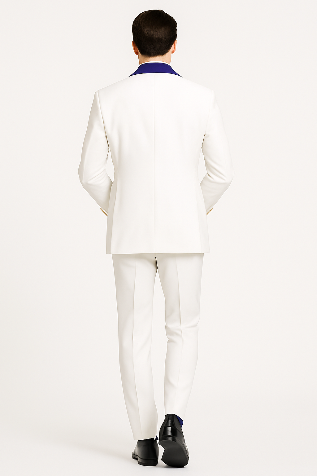 Mens Vested Designer Wide Royal Blue Velvet Shawl Tuxedo in Ivory Paisley