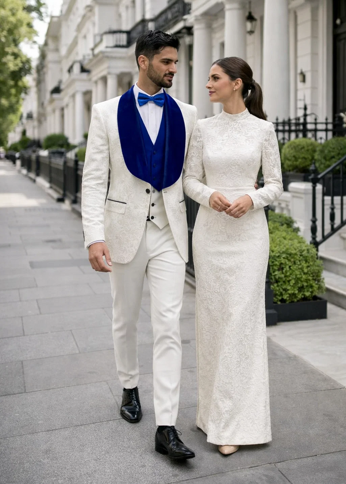 Mens Vested Designer Wide Royal Blue Velvet Shawl Tuxedo in Ivory Paisley