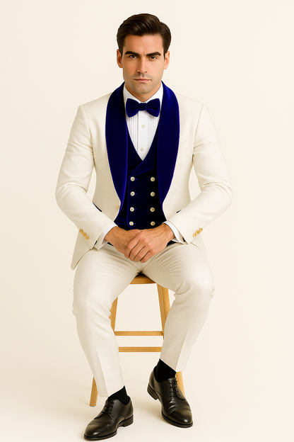 Mens Vested Designer Wide Royal Blue Velvet Shawl Tuxedo in Ivory Paisley