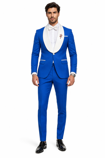 Mens Vested Designer Wide Royal Blue Velvet Shawl Tuxedo in Ivory Paisley