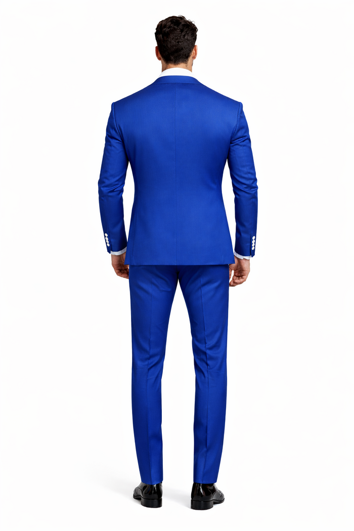 Mens Vested Designer Wide Royal Blue Velvet Shawl Tuxedo in Ivory Paisley