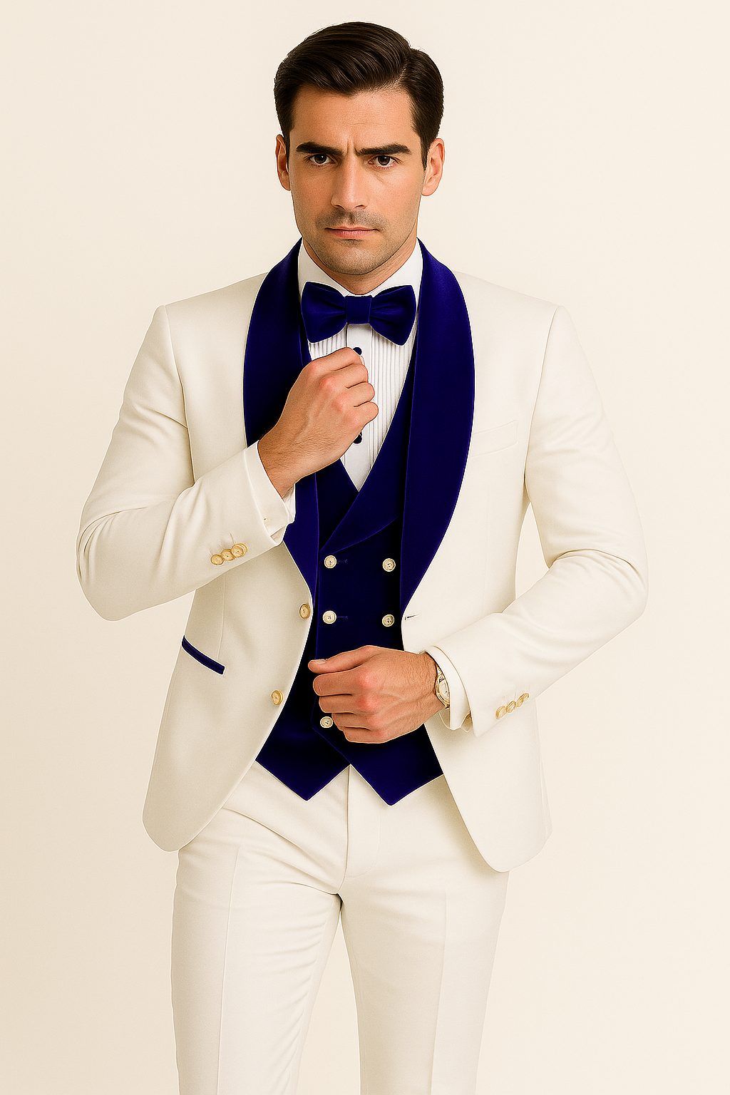 Mens Vested Designer Wide Royal Blue Velvet Shawl Tuxedo in Ivory Paisley