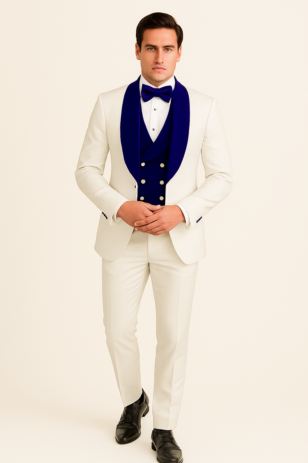 Mens Vested Designer Wide Royal Blue Velvet Shawl Tuxedo in Ivory Paisley