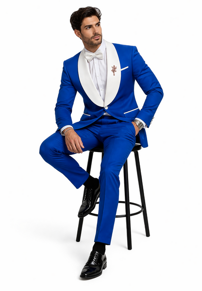 Mens Vested Designer Wide Royal Blue Velvet Shawl Tuxedo in Ivory Paisley