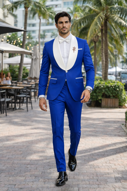 Mens Vested Designer Wide Royal Blue Velvet Shawl Tuxedo in Ivory Paisley