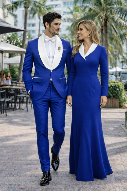 Mens Vested Designer Wide Royal Blue Velvet Shawl Tuxedo in Ivory Paisley