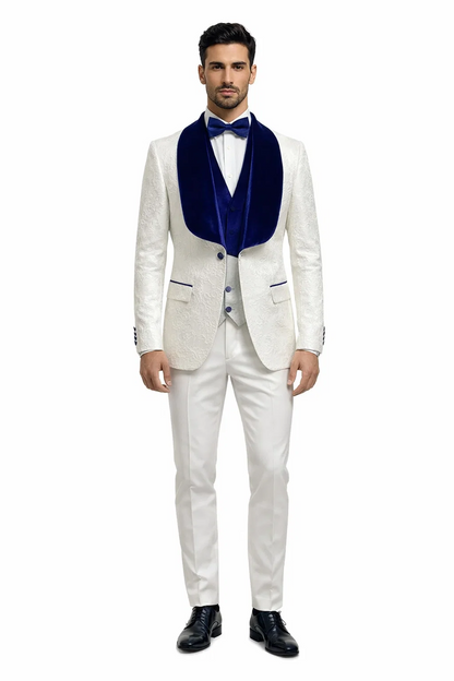Mens Vested Designer Wide Royal Blue Velvet Shawl Tuxedo in Ivory Paisley