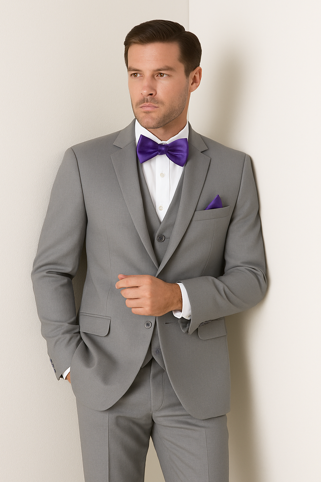 Mens Vested Satin Trim Wedding Tuxedo in Light Grey - Mens Slim Fitted Tuxedo