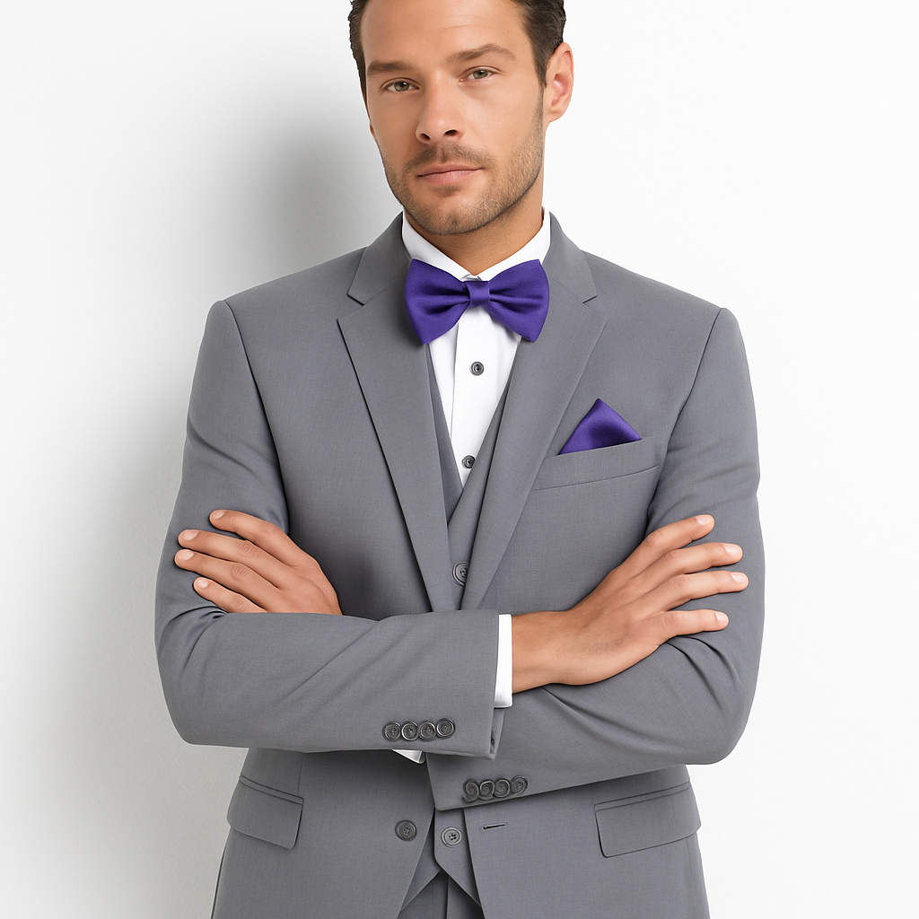 Mens Vested Satin Trim Wedding Tuxedo in Light Grey - Mens Slim Fitted Tuxedo
