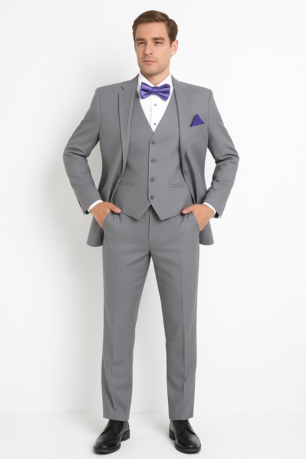 Mens Vested Satin Trim Wedding Tuxedo in Light Grey - Mens Slim Fitted Tuxedo