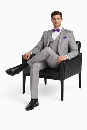 Mens Vested Satin Trim Wedding Tuxedo in Light Grey - Mens Slim Fitted Tuxedo