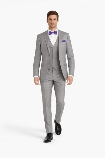 Mens Vested Satin Trim Wedding Tuxedo in Light Grey - Mens Slim Fitted Tuxedo