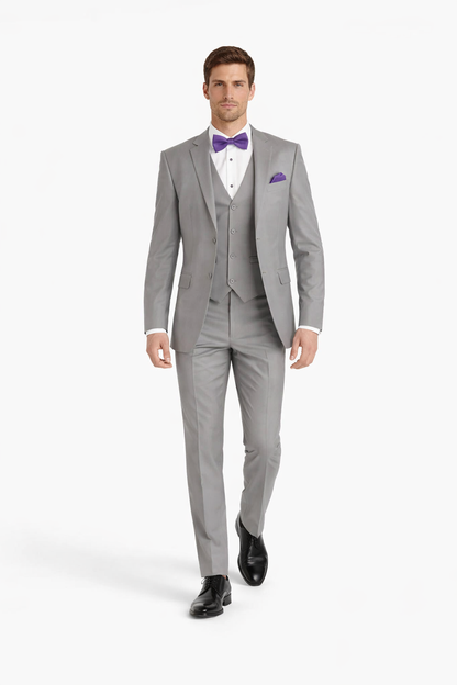 Mens Vested Satin Trim Wedding Tuxedo in Light Grey - Mens Slim Fitted Tuxedo