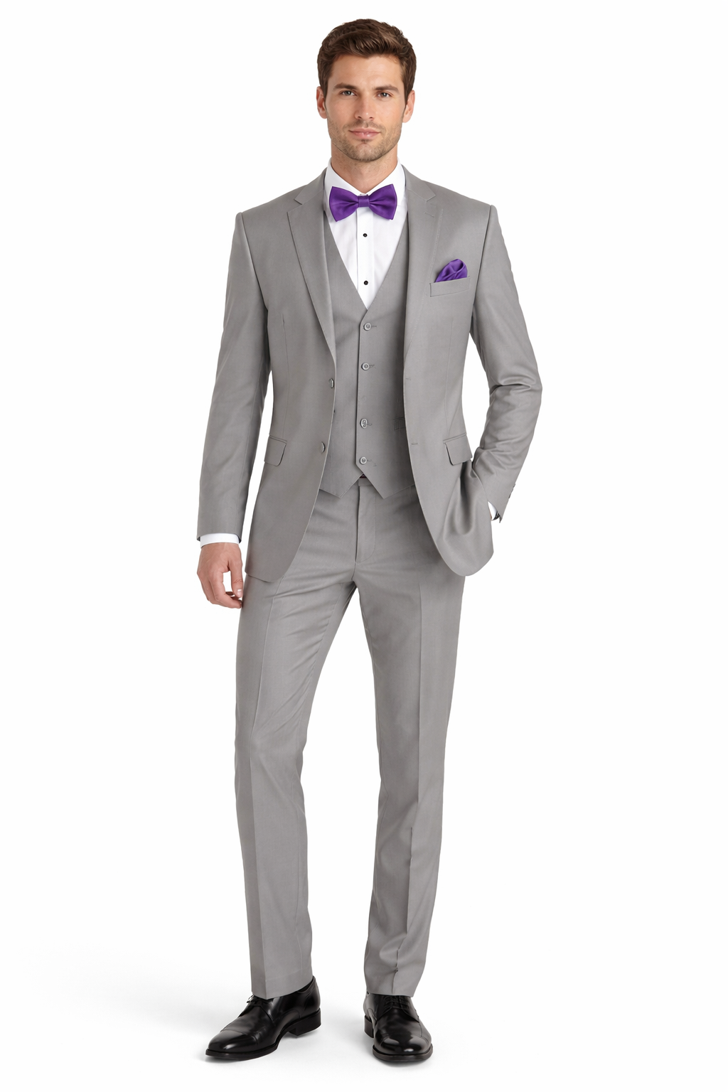 Mens Vested Satin Trim Wedding Tuxedo in Light Grey - Mens Slim Fitted Tuxedo