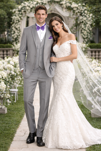 Mens Vested Satin Trim Wedding Tuxedo in Light Grey - Mens Slim Fitted Tuxedo