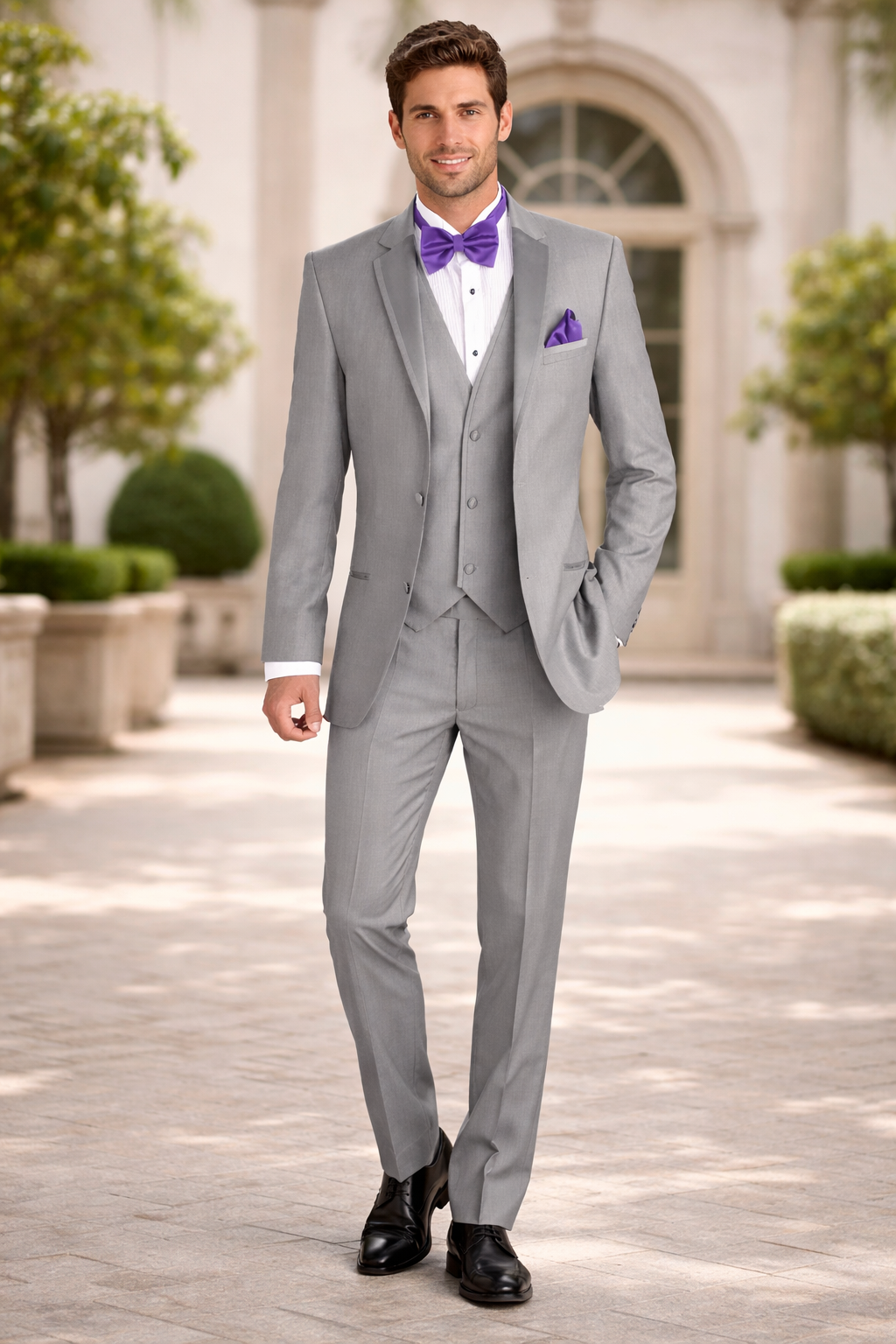 Mens Vested Satin Trim Wedding Tuxedo in Light Grey - Mens Slim Fitted Tuxedo