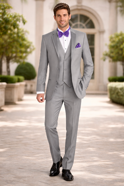 Mens Vested Satin Trim Wedding Tuxedo in Light Grey - Mens Slim Fitted Tuxedo