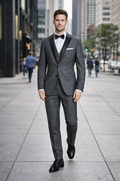 Mens Vested Slim Fit Two Button Trim Notch Tuxedo Charcoal - Mens Slim Fitted Tuxedo