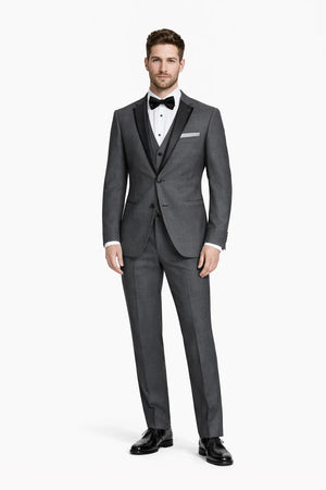 Mens Vested Slim Fit Two Button Trim Notch Tuxedo Charcoal - Mens Slim Fitted Tuxedo