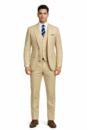 Mens Vested Smart Modern Fit Suit Light Tan