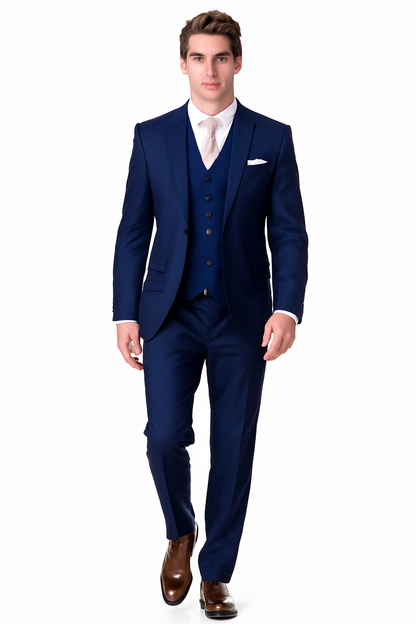 Mens Vested Smart Modern Fit Suit Navy Blue