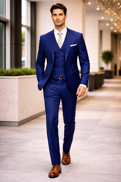Mens Vested Smart Modern Fit Suit Navy Blue
