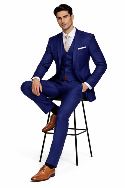 Mens Vested Smart Modern Fit Suit Navy Blue