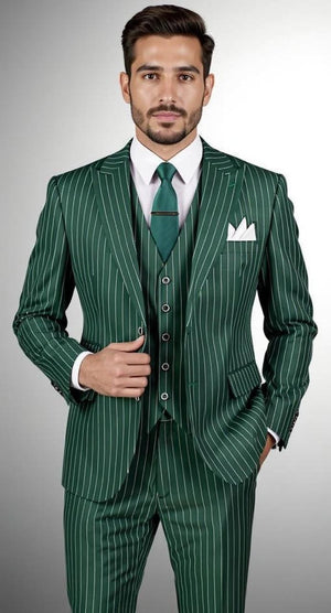Harlem Nights Suits for Men - Mens Vested Suit 3 Piece Hunter Green Pinstripe F-V2RS9