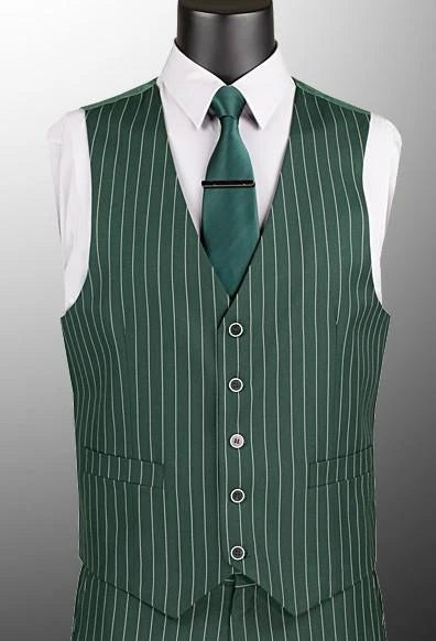 Men's Vested Suit 3 Piece Hunter Green Pinstripe F-V2RS9