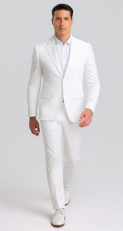 Mens Vested Summer Seersucker Suit in White Pinstripe