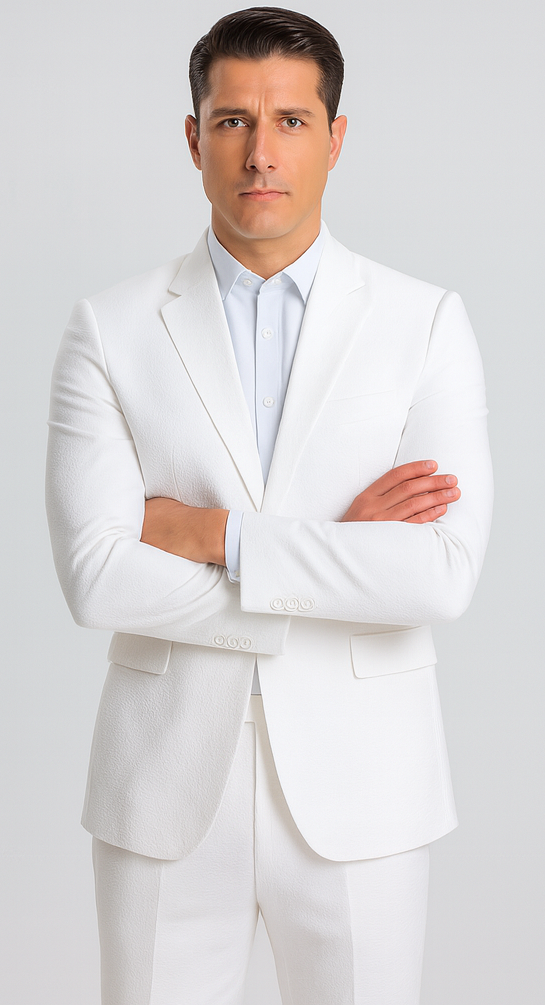 Mens Vested Summer Seersucker Suit in White Pinstripe