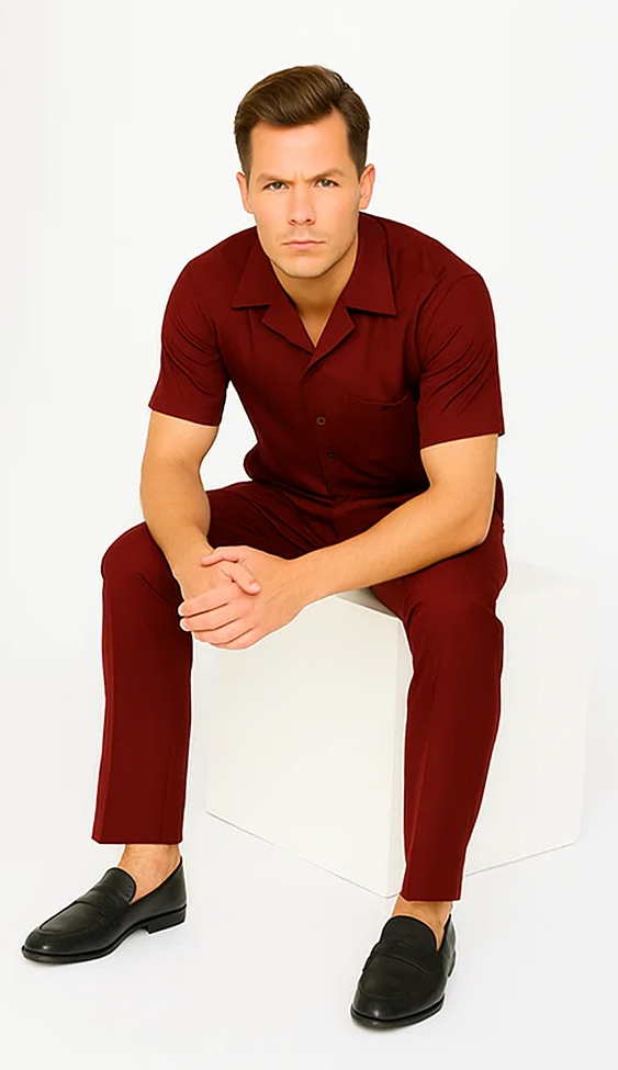 Mens Walking Suit in Color Burgundy leisure suit casual Matching Shirt and Pants $99