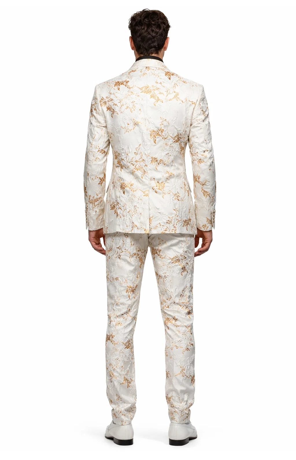Mens White and Gold Embroidered Floral Suit  Prom Tuxedo Suit