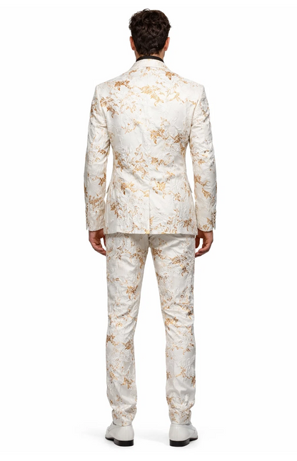 Mens White and Gold Embroidered Floral Suit  Prom Tuxedo Suit