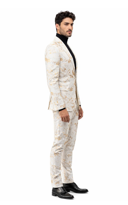 Mens White and Gold Embroidered Floral Suit  Prom Tuxedo Suit