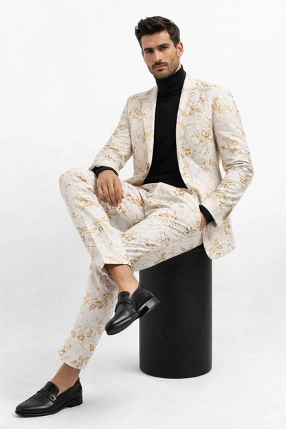 Mens White and Gold Embroidered Floral Suit  Prom Tuxedo Suit