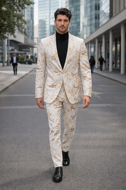 Mens White and Gold Embroidered Floral Suit  Prom Tuxedo Suit