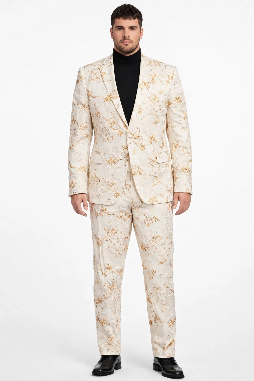 Mens White and Gold Embroidered Floral Suit  Prom Tuxedo Suit