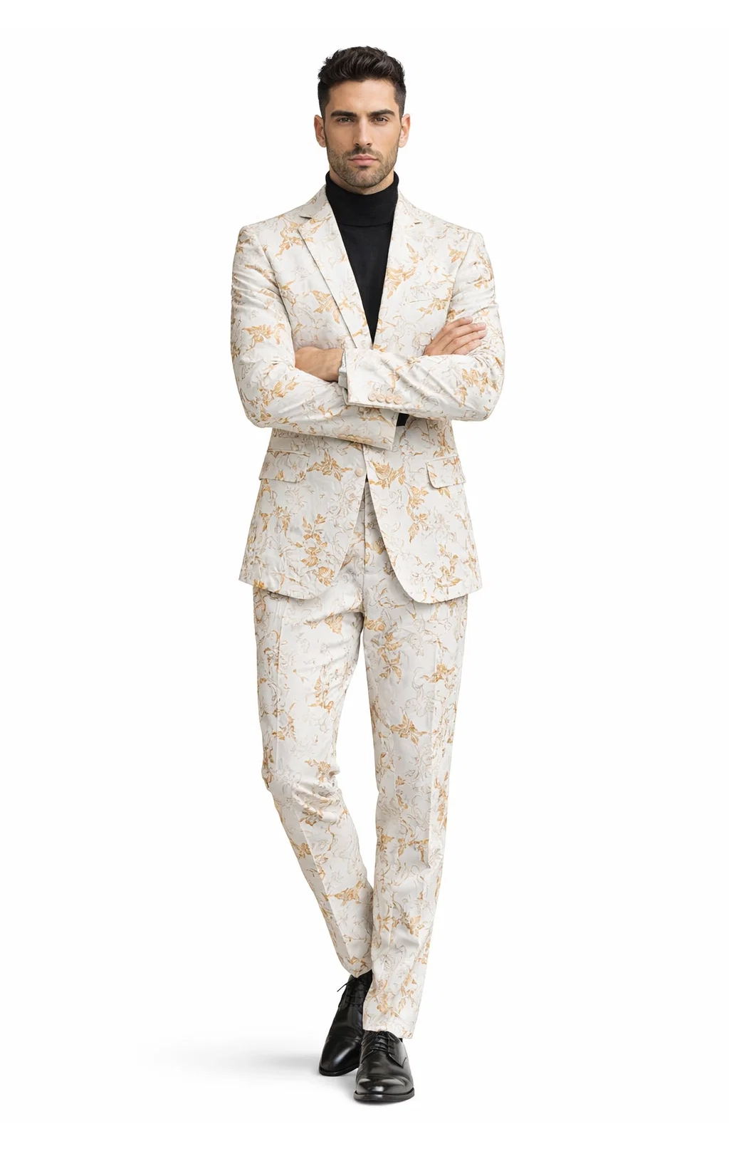 Mens White and Gold Embroidered Floral Suit  Prom Tuxedo Suit