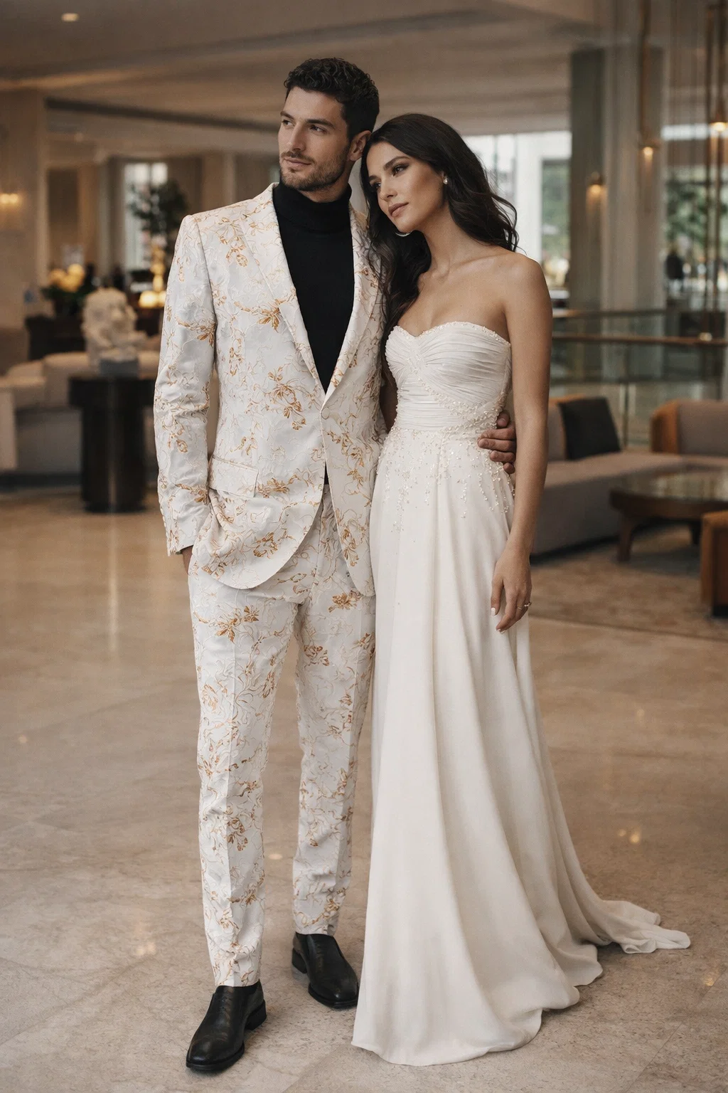 Mens White and Gold Embroidered Floral Suit  Prom Tuxedo Suit