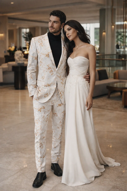 Mens White and Gold Embroidered Floral Suit  Prom Tuxedo Suit