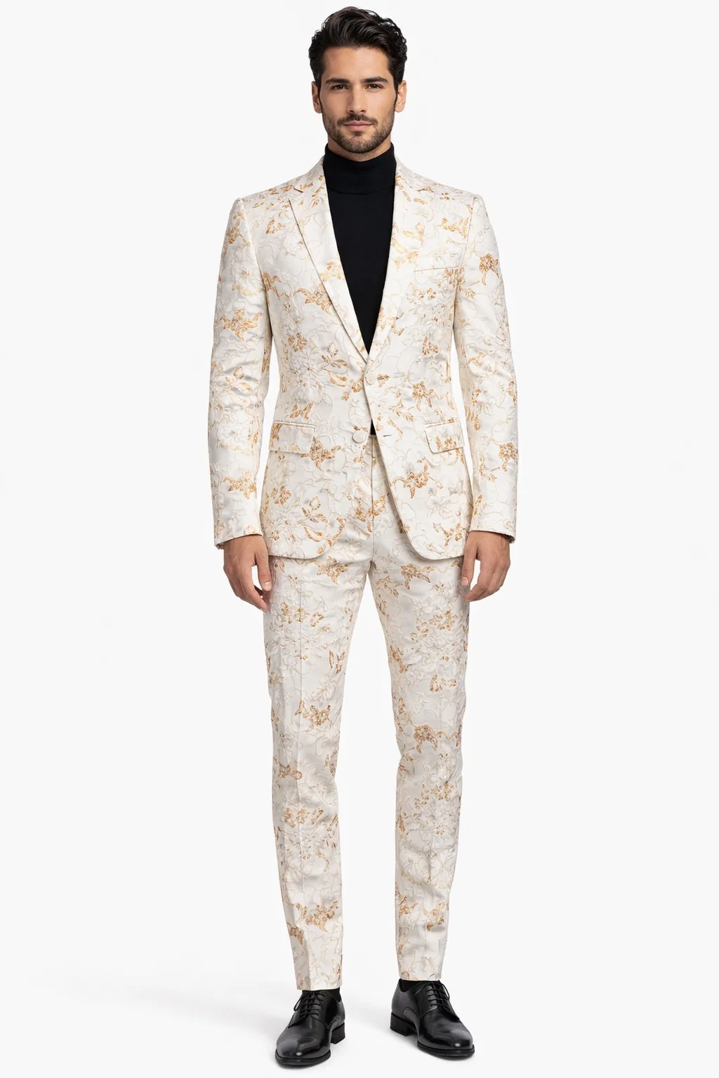 Mens White and Gold Embroidered Floral Suit  Prom Tuxedo Suit