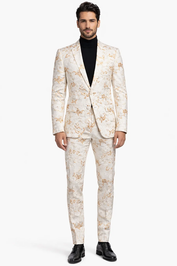 Mens White and Gold Embroidered Floral Suit  Prom Tuxedo Suit