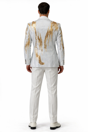 Mens White and Gold Reversible Sequin Tuxedo Jacket with Satin Lapel and Matching Bow Tie