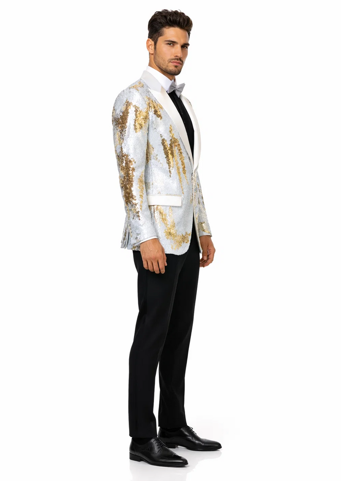 Mens White and Gold Reversible Sequin Tuxedo Jacket with Satin Lapel and Matching Bow Tie