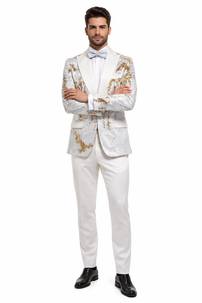 Mens White and Gold Reversible Sequin Tuxedo Jacket with Satin Lapel and Matching Bow Tie