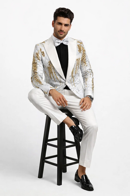 Mens White and Gold Reversible Sequin Tuxedo Jacket with Satin Lapel and Matching Bow Tie