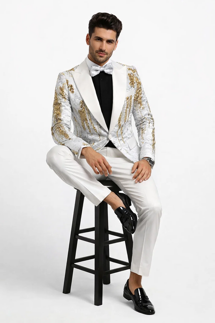 Mens White and Gold Reversible Sequin Tuxedo Jacket with Satin Lapel and Matching Bow Tie