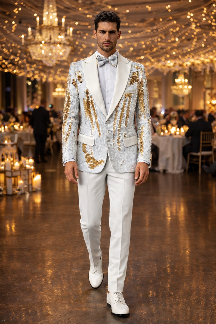 Mens White and Gold Reversible Sequin Tuxedo Jacket with Satin Lapel and Matching Bow Tie
